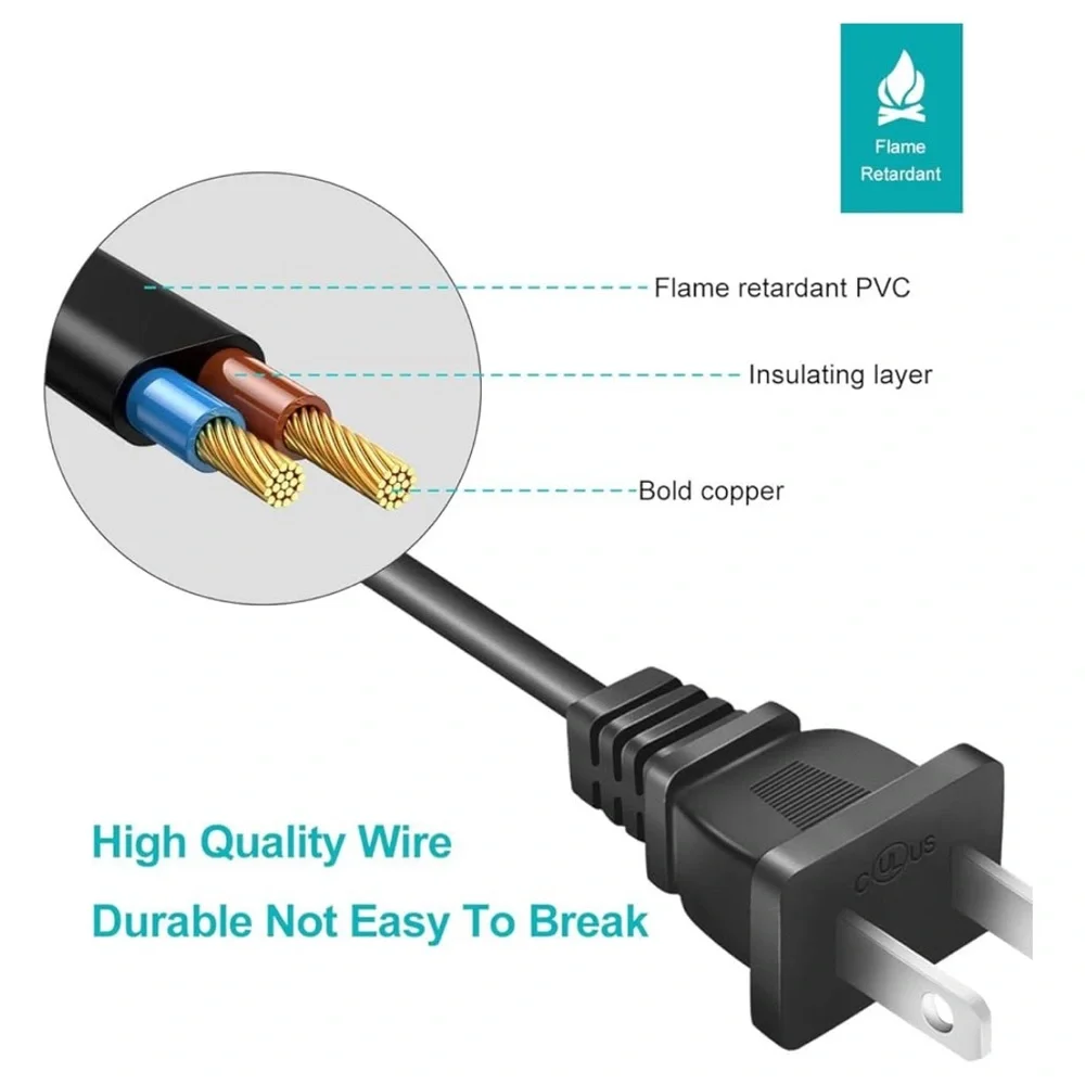 Power Cable Cord 2 Slot 125V 7A Replacement Cable 6 Feet